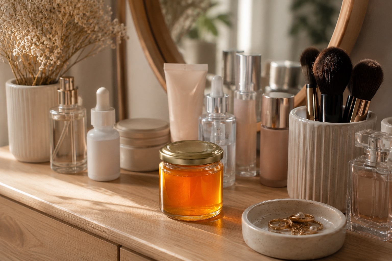 Банка с облепиховым маслом и косметические средства на столе