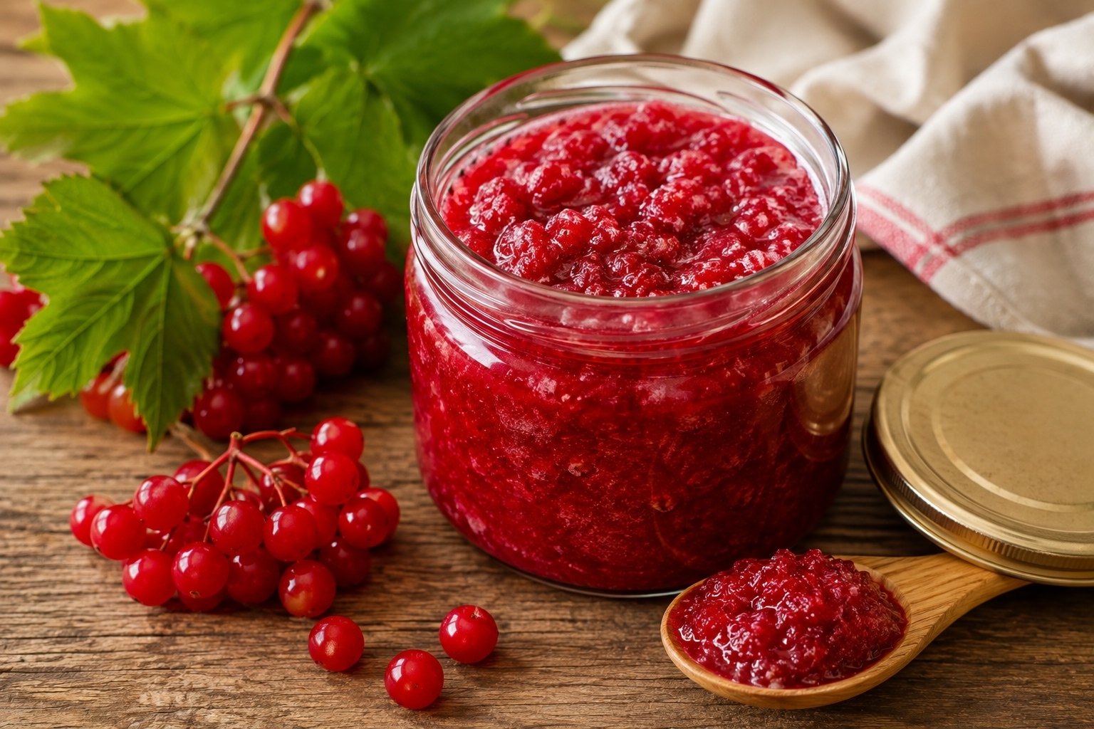  калина, перетёртая с сахаром, в стеклянной банке