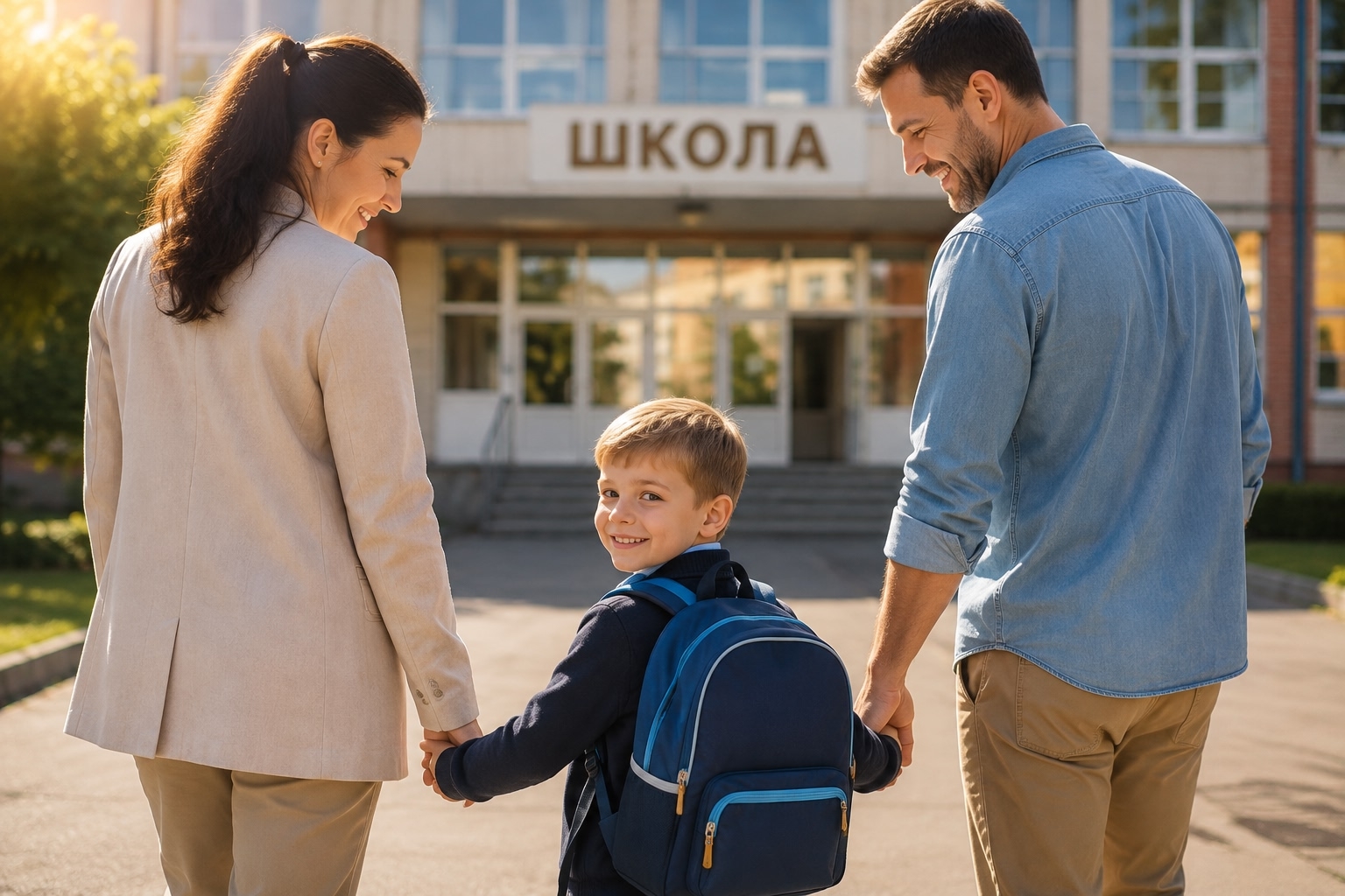 Первоклассник с рюкзаком и родителями у школы
