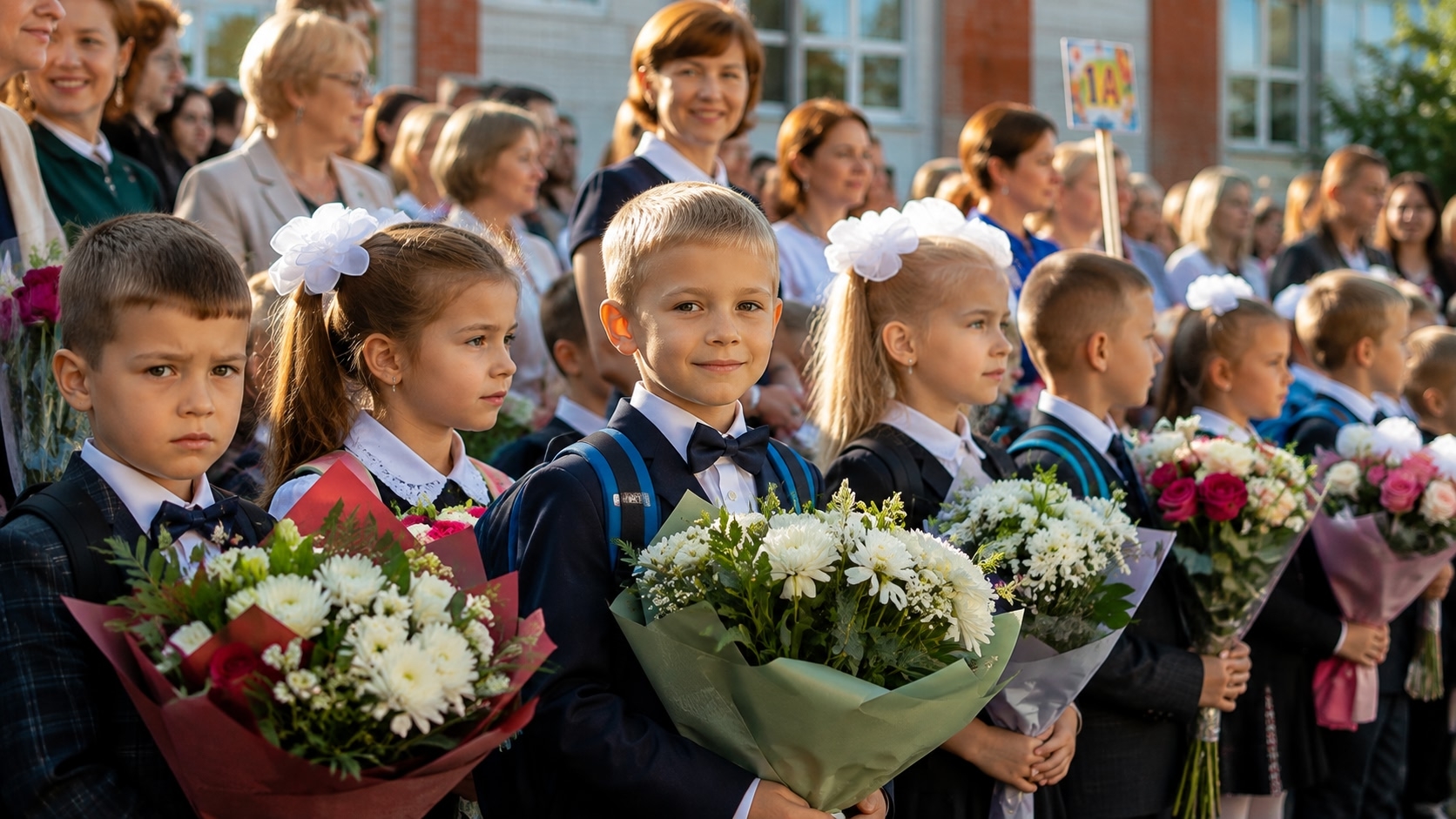 Первоклассник на линейке 1 сентября среди одноклассников