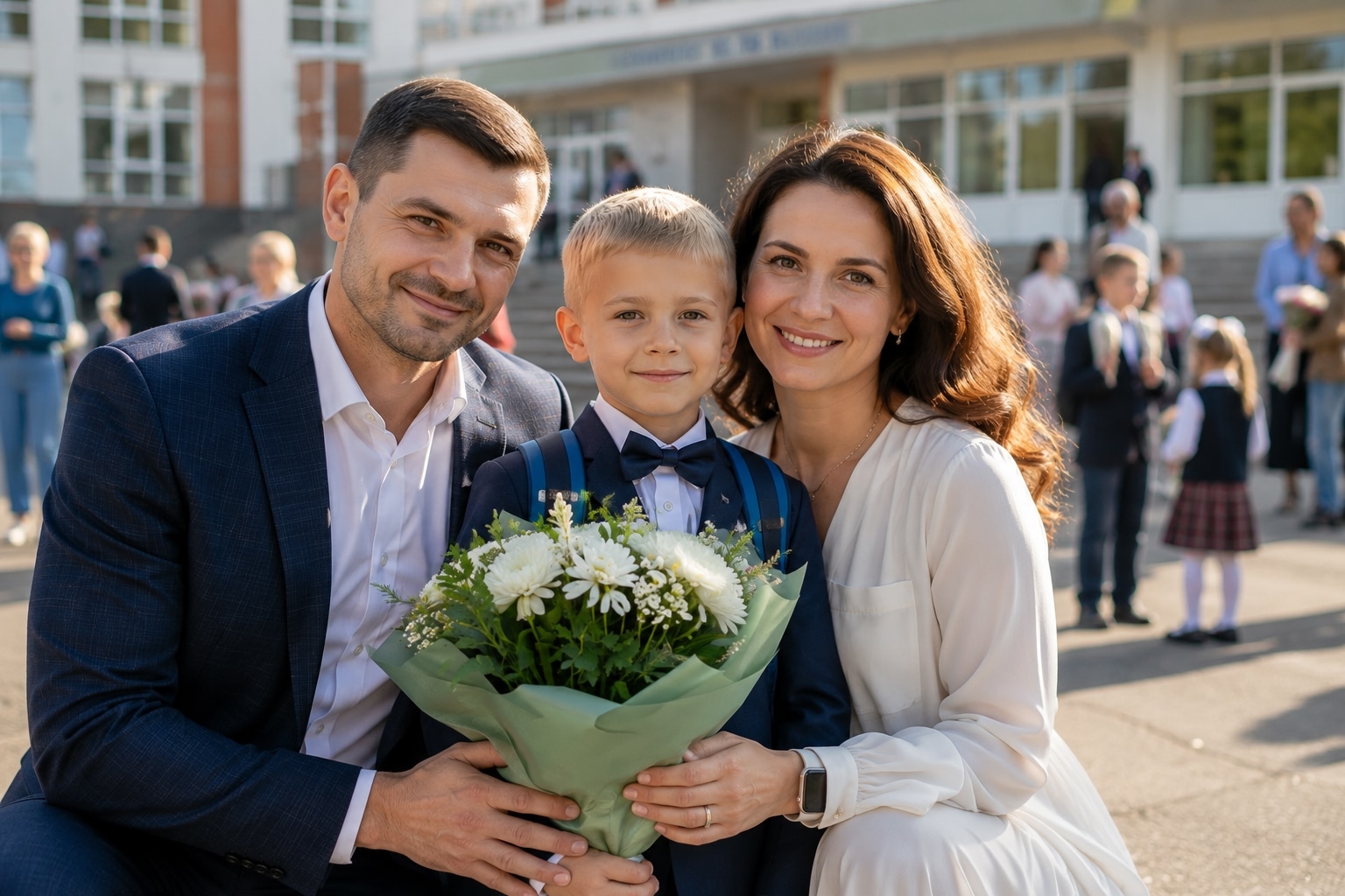 Первоклассник с семьёй у школы в день первого сентября