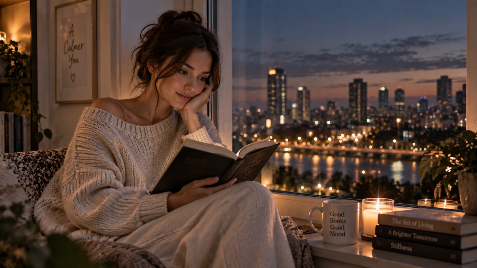 девушка с книгой на подоконнике вечером