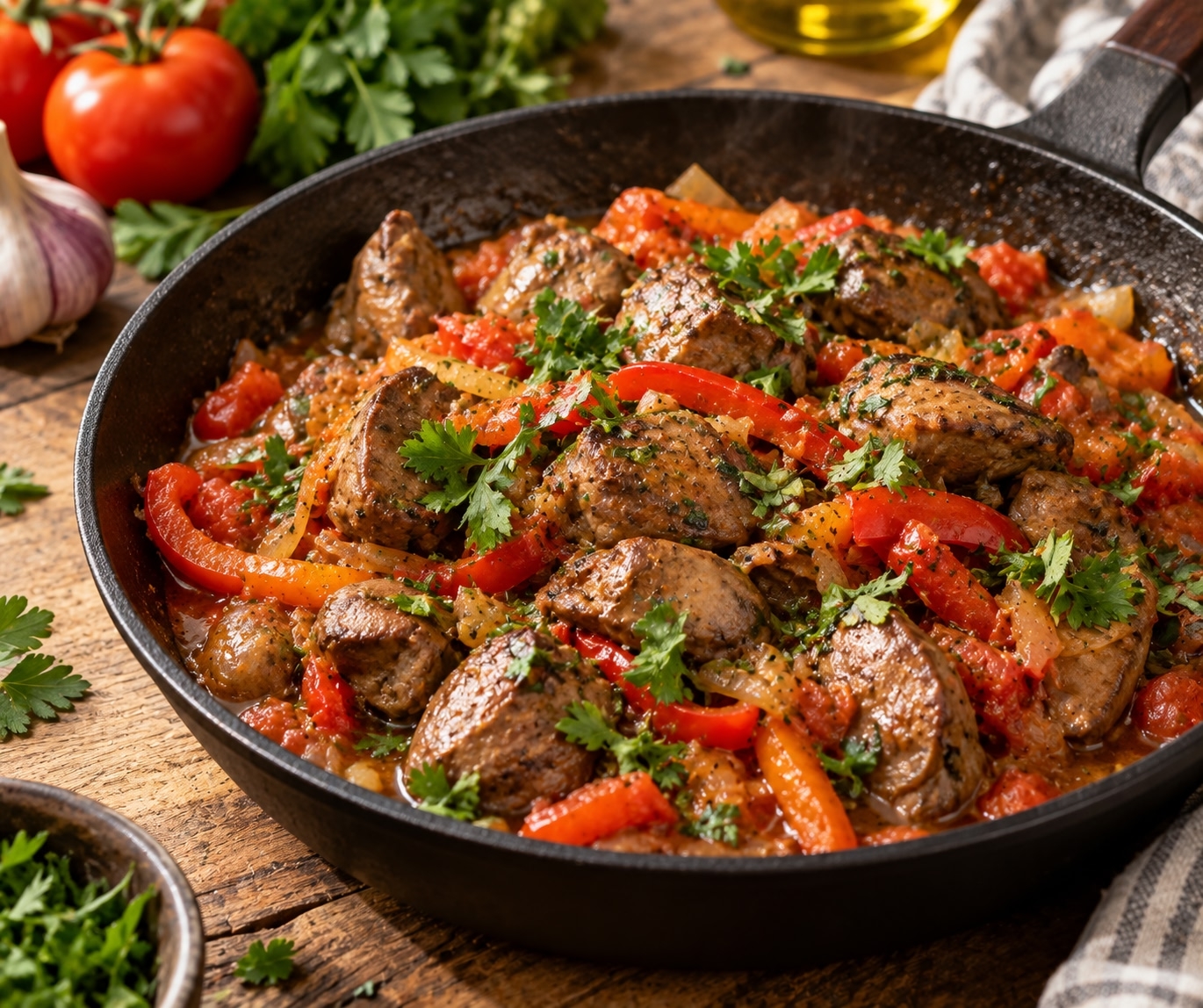 Куриная печень, тушённая с помидорами и болгарским перцем
