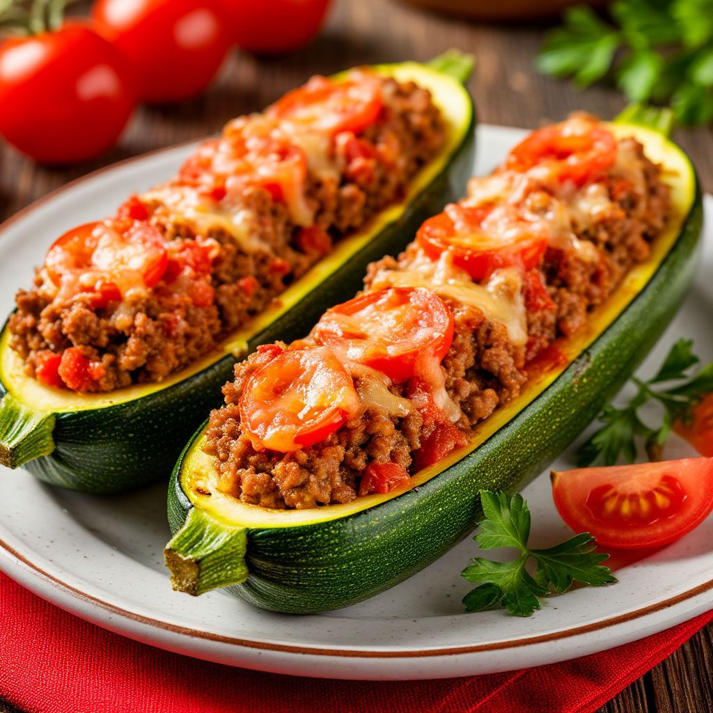 Лодочки из кабачков с куриным фаршем, грибами и помидорами — вкусное блюдо в духовке