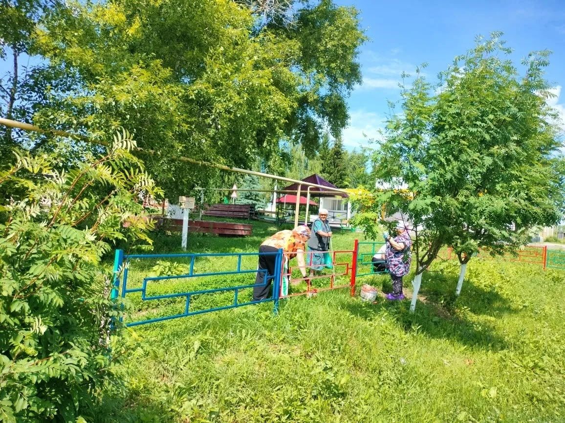 В селе Татарские Челны сотрудники бюджетных организаций покрасили парк в ходе средника