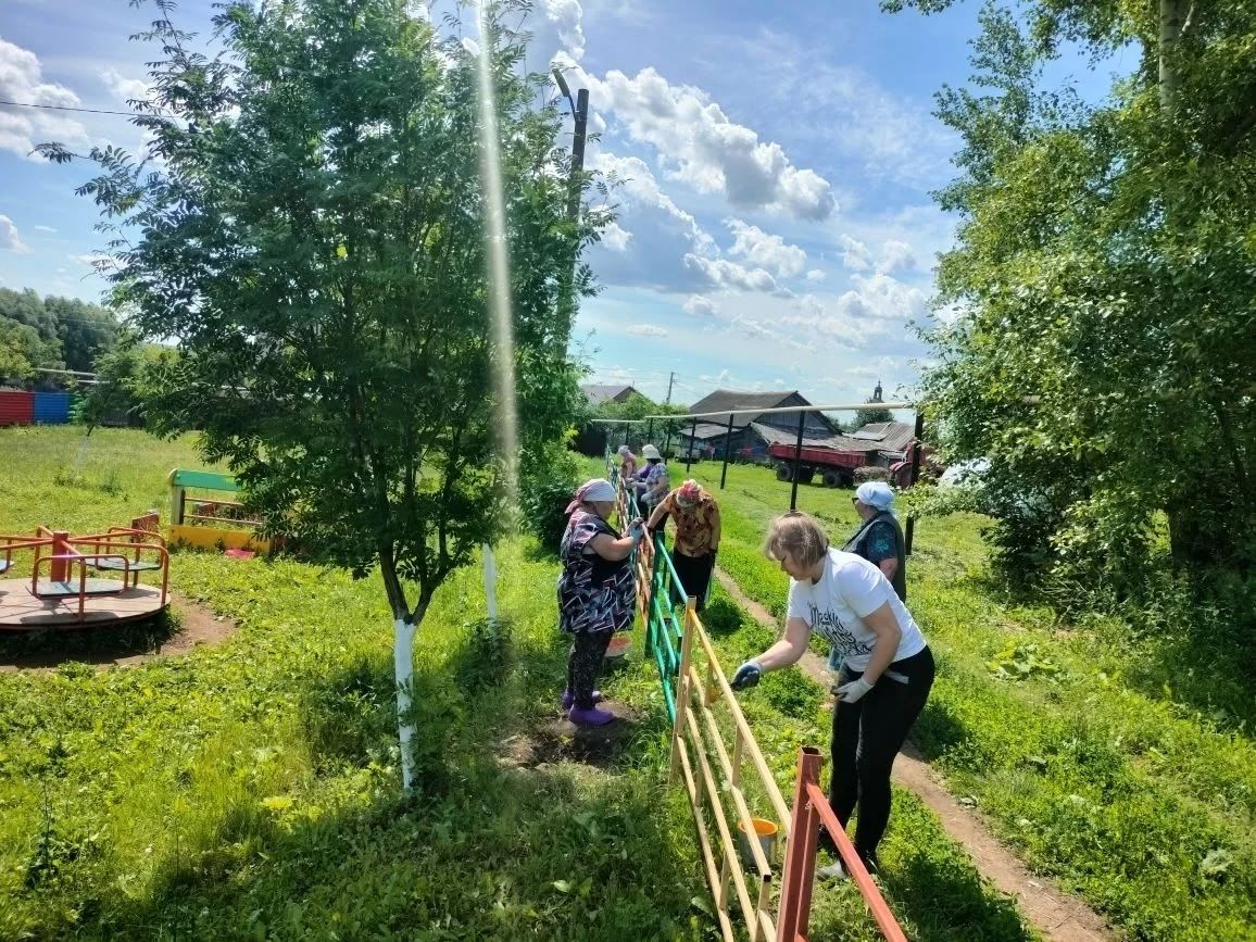 В селе Татарские Челны сотрудники бюджетных организаций покрасили парк в ходе средника