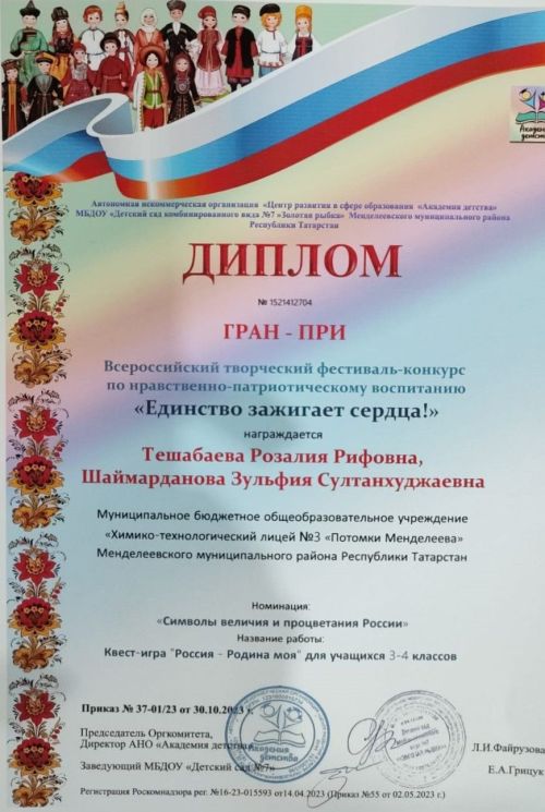 Менделеевские учителя завоевали Гран-при во Всероссийском творческом фестивале-конкурсе