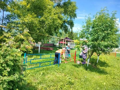 В селе Татарские Челны сотрудники бюджетных организаций покрасили парк в ходе средника