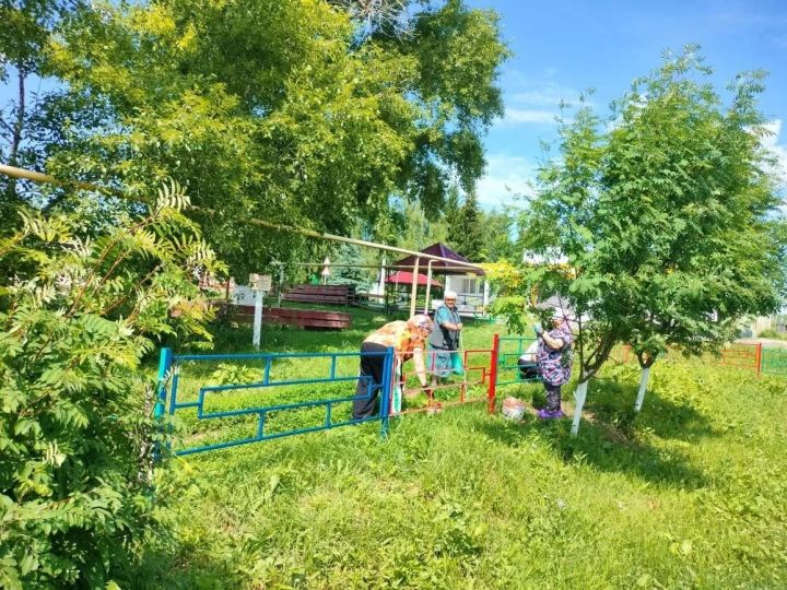 В селе Татарские Челны сотрудники бюджетных организаций покрасили парк в ходе средника